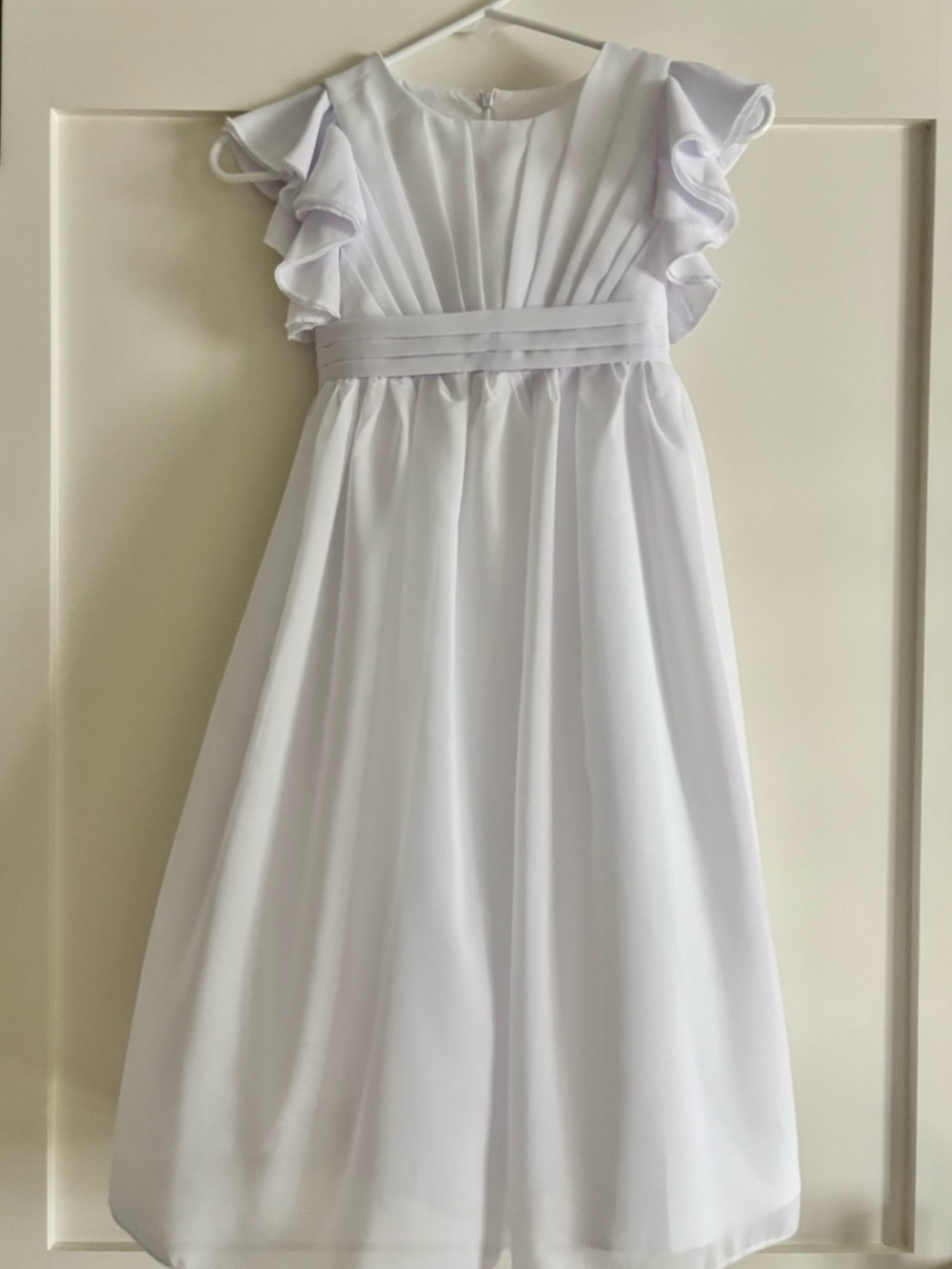Classic White Girls' Dress with Ruffle Sleeves 4-5T